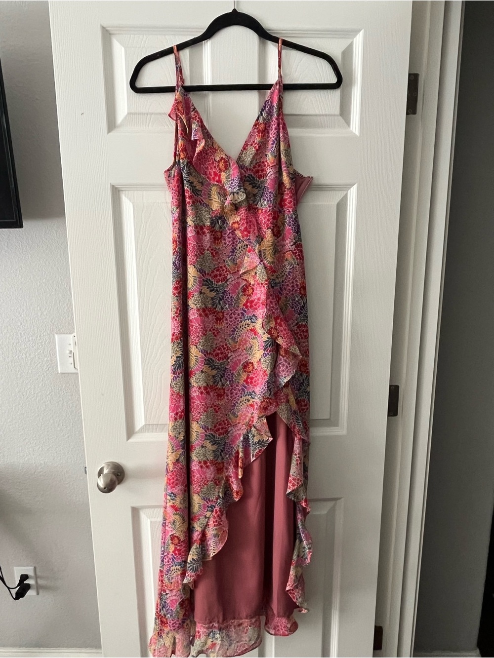 Vici Pink Floral Ruffle High-Low Maxi Dress